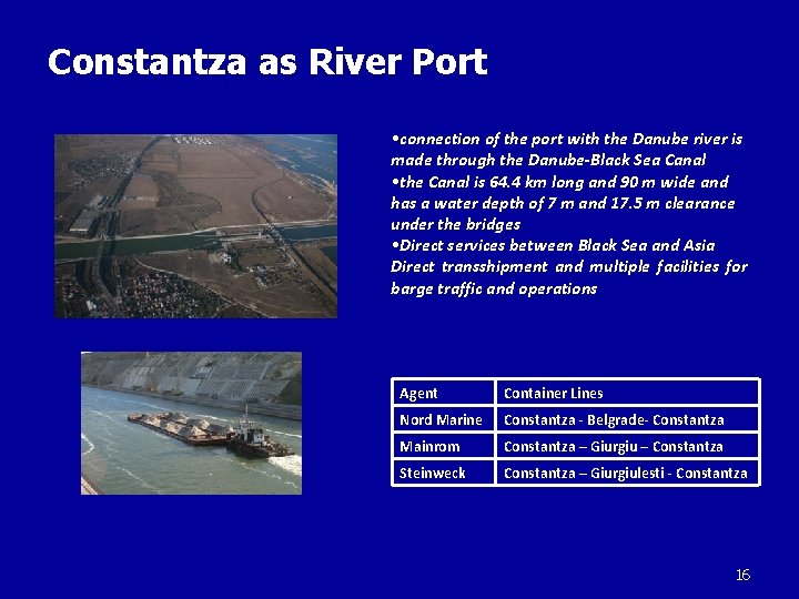 Constantza as River Port • connection of the port with the Danube river is