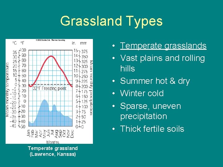 Grassland Types • Temperate grasslands • Vast plains and rolling hills • Summer hot