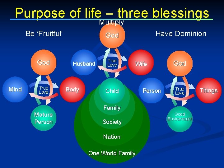 Purpose of life – three blessings Multiply Be ‘Fruitful’ God Mind True Love Mature