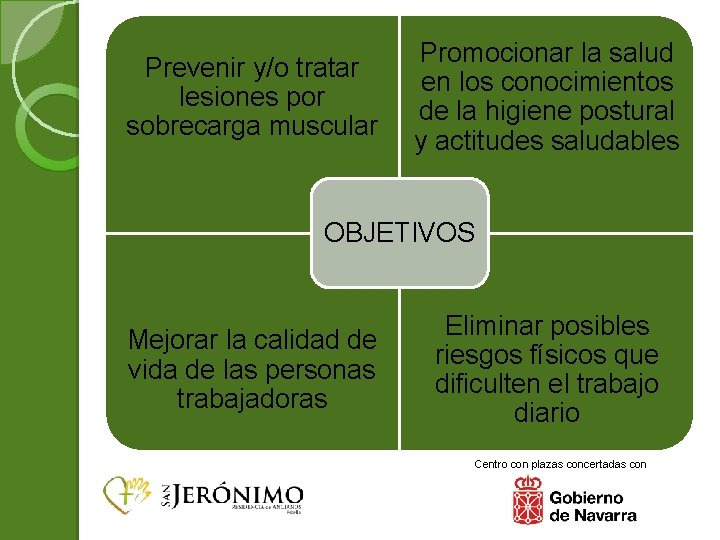 Prevenir y/o tratar lesiones por sobrecarga muscular Promocionar la salud en los conocimientos de