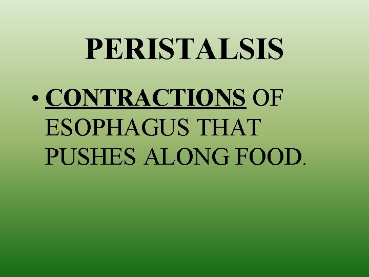 PERISTALSIS • CONTRACTIONS OF ESOPHAGUS THAT PUSHES ALONG FOOD. 