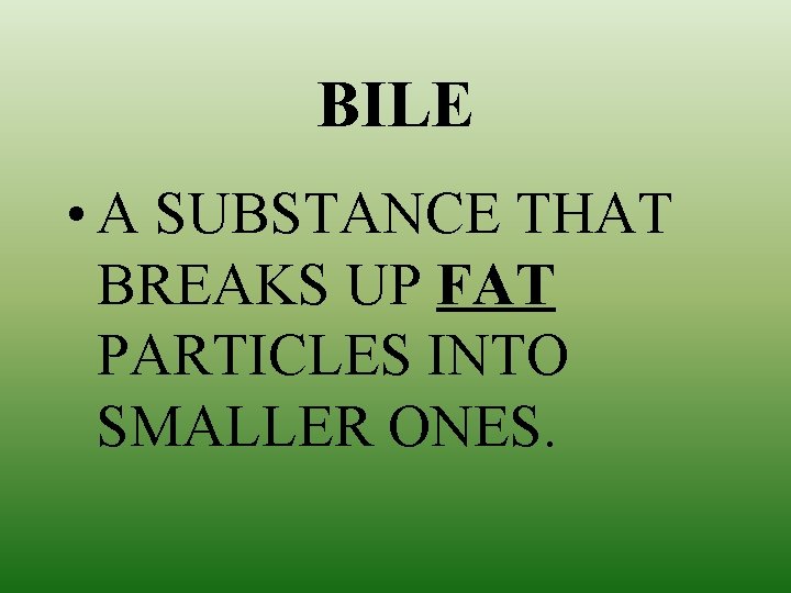 BILE • A SUBSTANCE THAT BREAKS UP FAT PARTICLES INTO SMALLER ONES. 