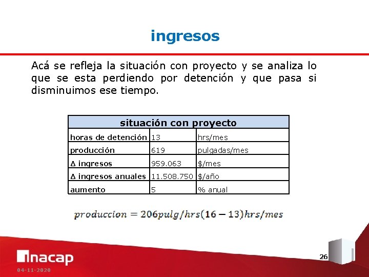 ingresos Acá se refleja la situación con proyecto y se analiza lo que se