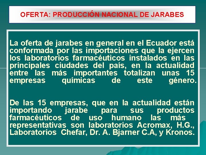 OFERTA: PRODUCCIÓN NACIONAL DE JARABES La oferta de jarabes en general en el Ecuador