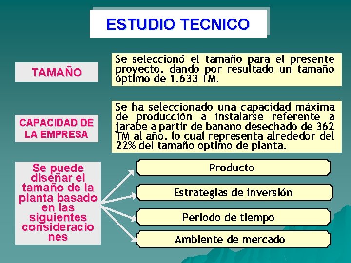 ESTUDIO TECNICO TAMAÑO Se seleccionó el tamaño para el presente proyecto, dando por resultado