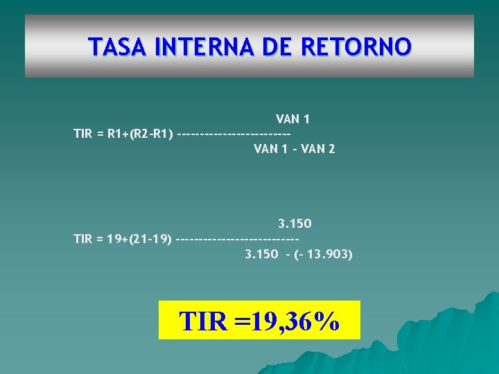 TASA INTERNA DE RETORNO VAN 1 TIR = R 1+(R 2 -R 1) ------------VAN
