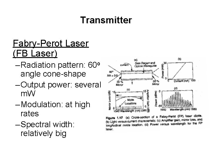 Transmitter Fabry-Perot Laser (FB Laser) – Radiation pattern: 60 o angle cone-shape – Output