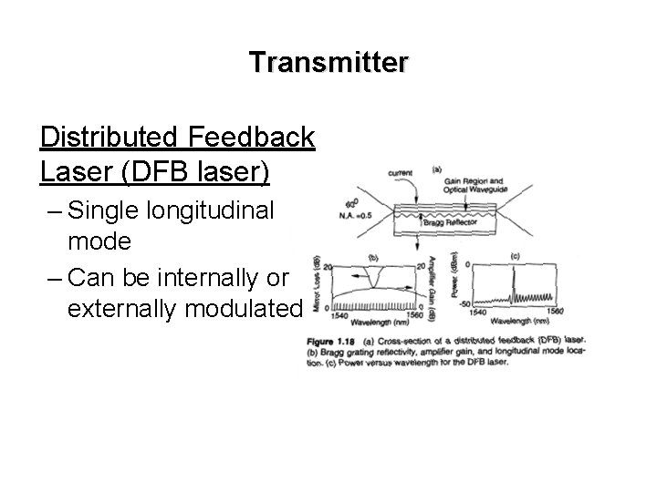 Transmitter Distributed Feedback Laser (DFB laser) – Single longitudinal mode – Can be internally