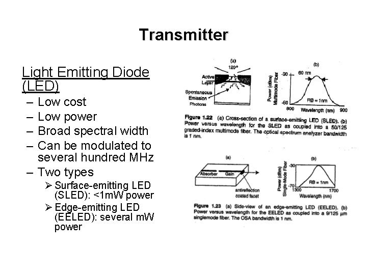 Transmitter Light Emitting Diode (LED) – – Low cost Low power Broad spectral width