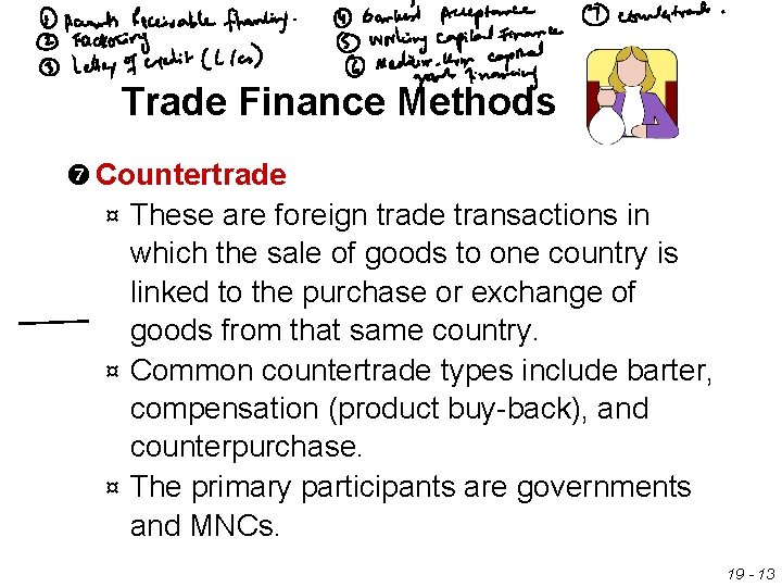 Trade Finance Methods Countertrade These are foreign trade transactions in which the sale of