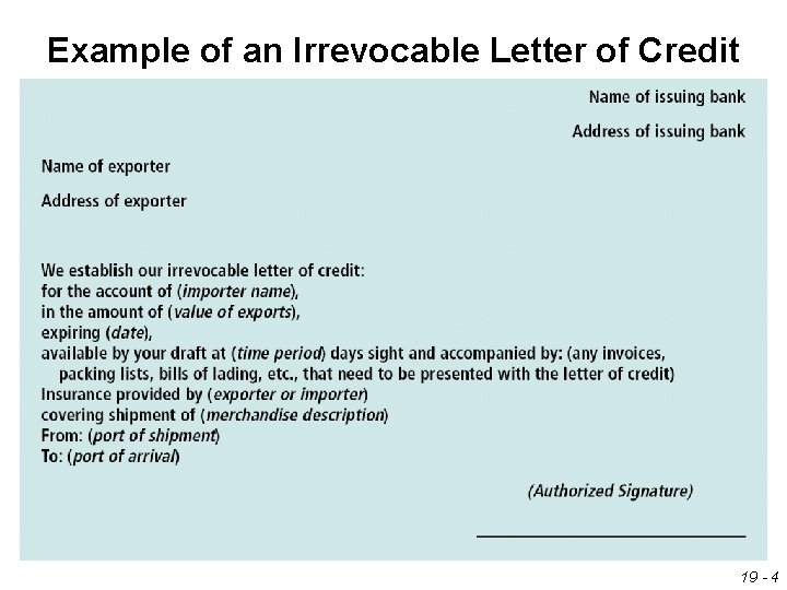 Example of an Irrevocable Letter of Credit 19 - 4 