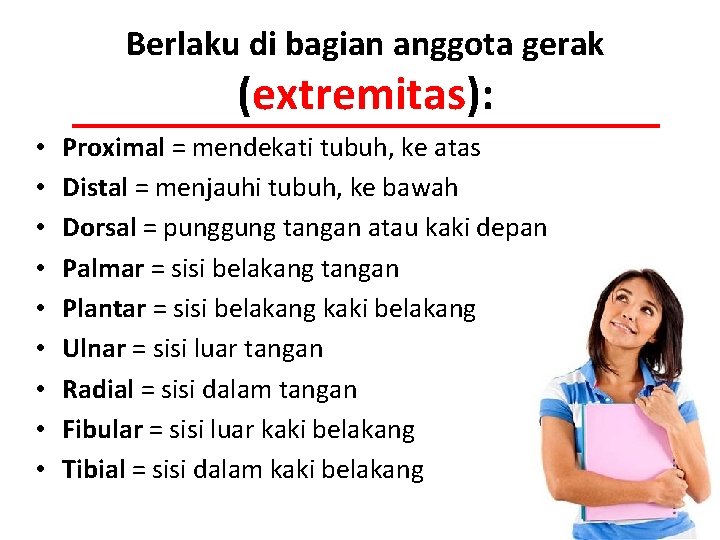 Berlaku di bagian anggota gerak (extremitas): • • • Proximal = mendekati tubuh, ke