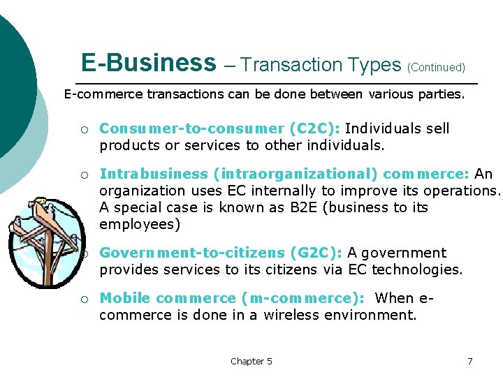 E-Business – Transaction Types (Continued) E commerce transactions can be done between various parties.