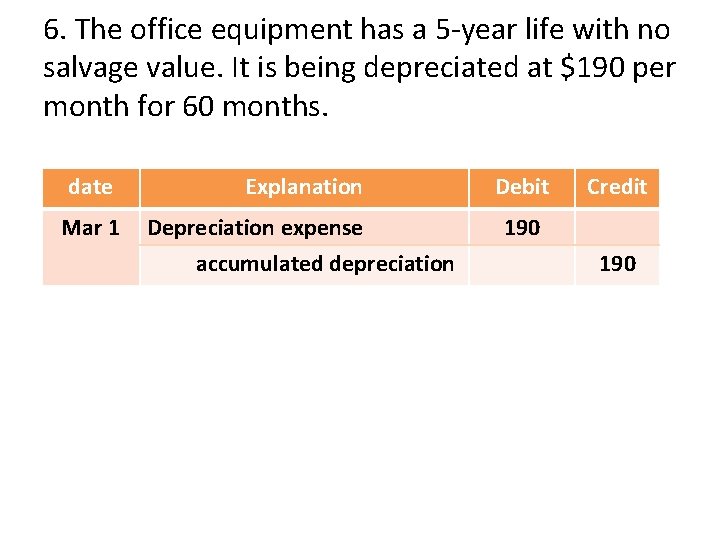 6. The office equipment has a 5 -year life with no salvage value. It