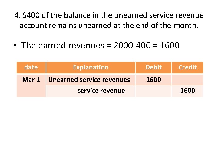4. $400 of the balance in the unearned service revenue account remains unearned at