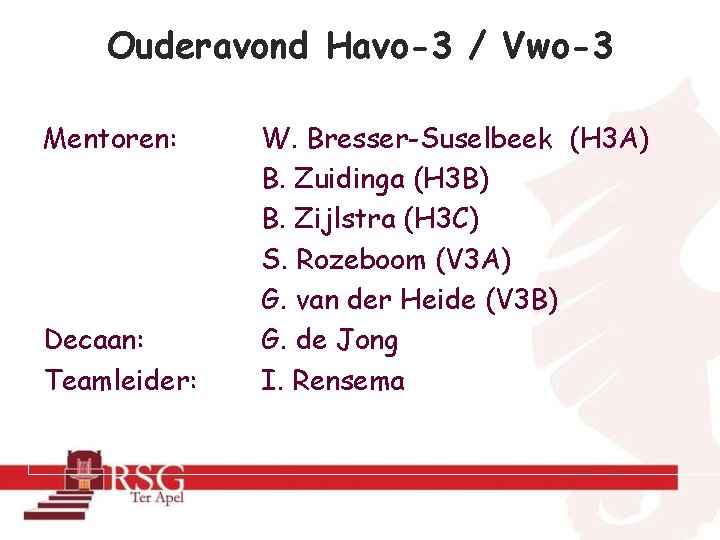 Ouderavond Havo-3 / Vwo-3 Mentoren: Decaan: Teamleider: W. Bresser-Suselbeek (H 3 A) B. Zuidinga