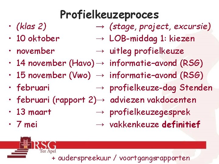  • • • Profielkeuzeproces (klas 2) → (stage, project, excursie) 10 oktober →