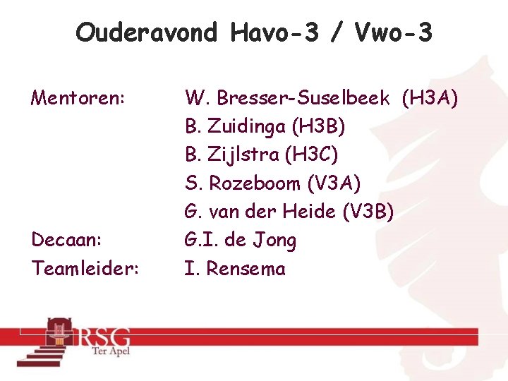 Ouderavond Havo-3 / Vwo-3 Mentoren: Decaan: Teamleider: W. Bresser-Suselbeek (H 3 A) B. Zuidinga
