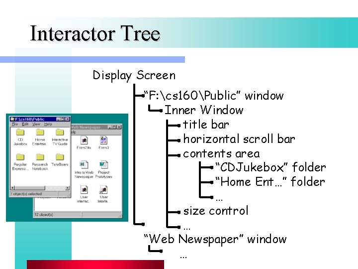 Interactor Tree Display Screen “F: cs 160Public” window Inner Window title bar horizontal scroll