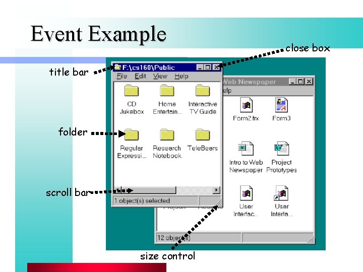 Event Example title bar folder scroll bar size control close box 