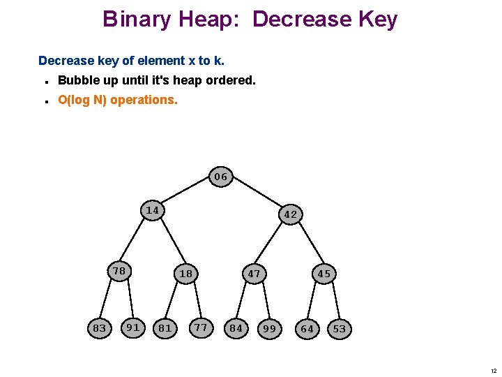 Binary Heap: Decrease Key Decrease key of element x to k. n Bubble up