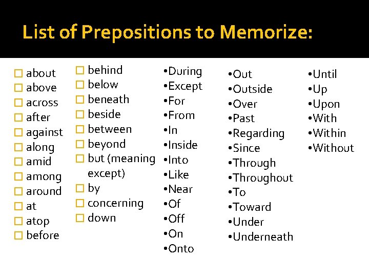 List of Prepositions to Memorize: � about � above � across � after �
