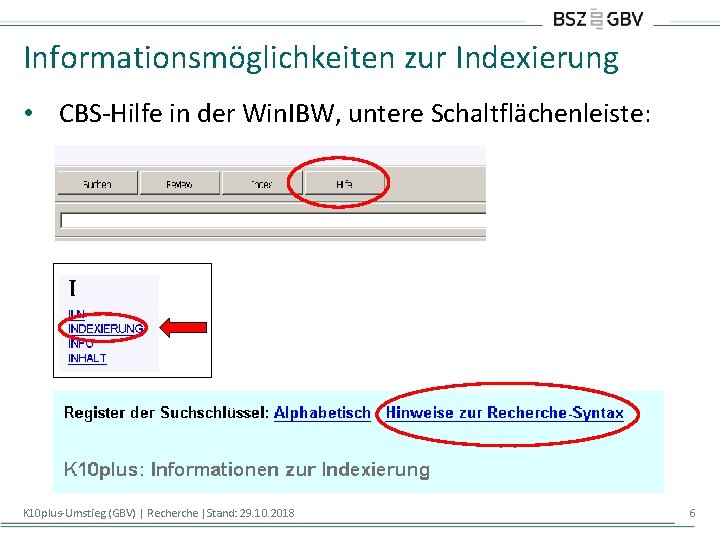 Informationsmöglichkeiten zur Indexierung • CBS-Hilfe in der Win. IBW, untere Schaltflächenleiste: K 10 plus-Umstieg