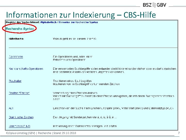 Informationen zur Indexierung – CBS-Hilfe K 10 plus-Umstieg (GBV) | Recherche |Stand: 29. 10.