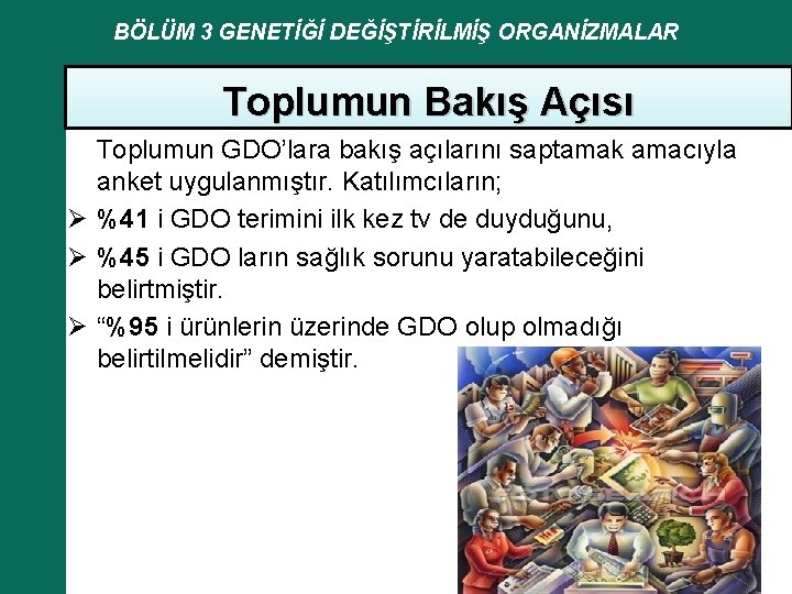 BÖLÜM 3 GENETİĞİ DEĞİŞTİRİLMİŞ ORGANİZMALAR Toplumun Bakış Açısı Toplumun GDO’lara bakış açılarını saptamak amacıyla