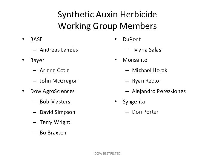 Synthetic Auxin Herbicide Working Group Members • BASF • Du. Pont – Maria Salas