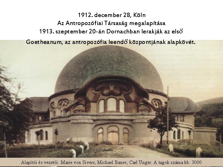 1912. december 28, Köln Az Antropozófiai Társaság megalapítása 1913. szeptember 20 -án Dornachban lerakják