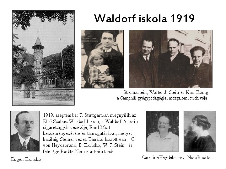 Waldorf iskola 1919 Strohschein, Walter J. Stein és Karl König, a Camphill gyógypedagógiai mozgalom