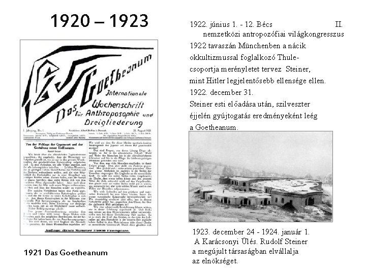 1920 – 1923 1921 Das Goetheanum 1922. június 1. - 12. Bécs II. nemzetközi