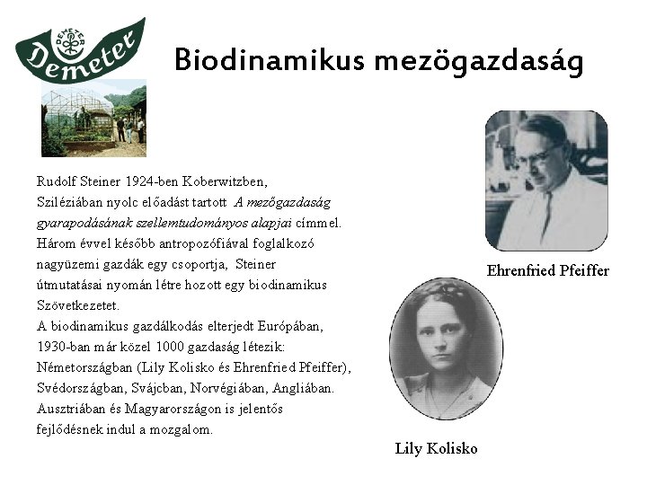 Biodinamikus mezögazdaság Rudolf Steiner 1924 -ben Koberwitzben, Sziléziában nyolc előadást tartott A mezőgazdaság gyarapodásának