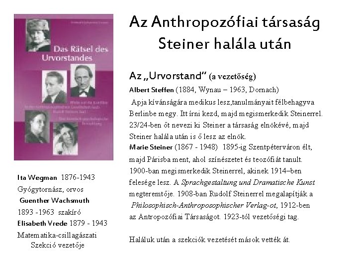 Az Anthropozófiai társaság Steiner halála után Az „Urvorstand” (a vezetőség) Albert Steffen (1884, Wynau