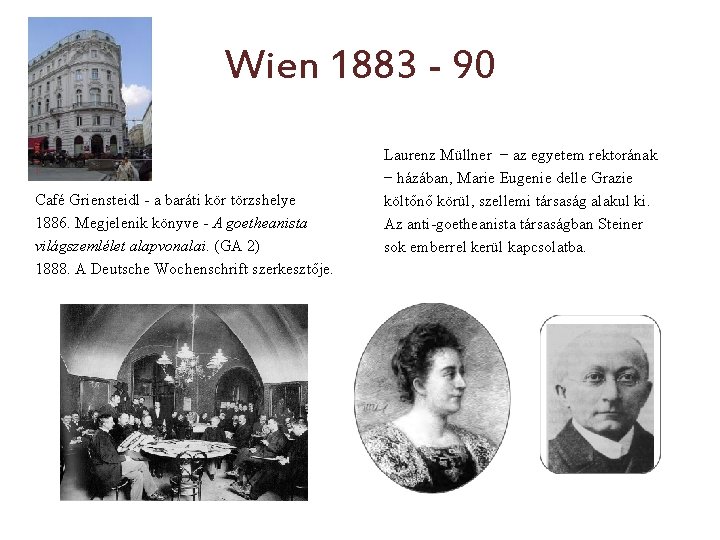 Wien 1883 - 90 Café Griensteidl - a baráti kör törzshelye 1886. Megjelenik könyve