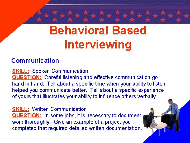 Behavioral Based Interviewing Communication SKILL: Spoken Communication QUESTION: Careful listening and effective communication go