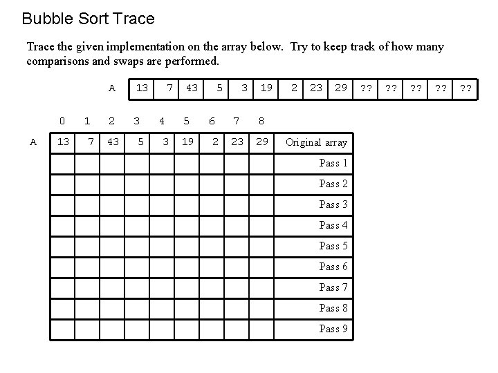 Bubble Sort Trace the given implementation on the array below. Try to keep track