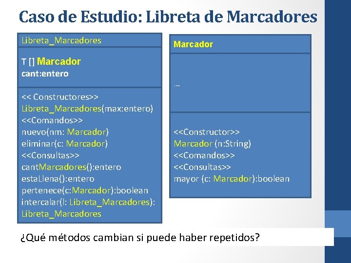 Caso de Estudio: Libreta de Marcadores Libreta_Marcadores T [] Marcador cant: entero << Constructores>>