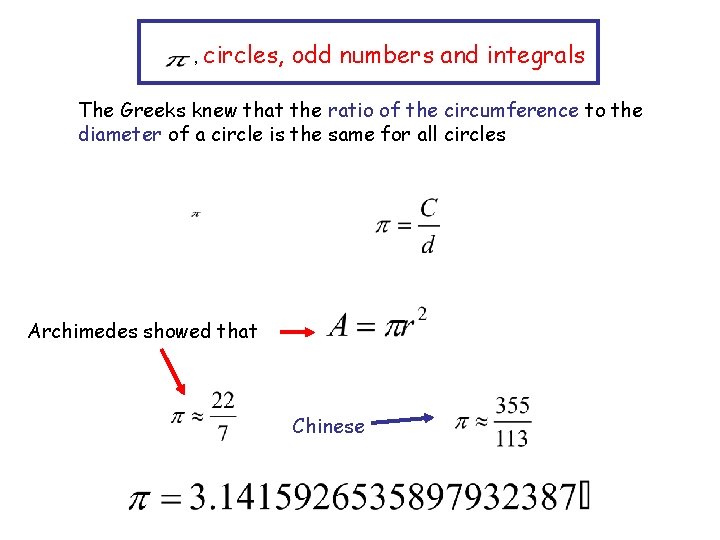 , circles, odd numbers and integrals The Greeks knew that the ratio of the