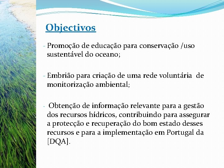Objectivos - Promoção de educação para conservação /uso sustentável do oceano; - Embrião para