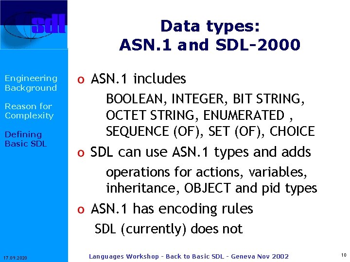 Data types: ASN. 1 and SDL-2000 Engineering Background Reason for Complexity Defining Basic SDL