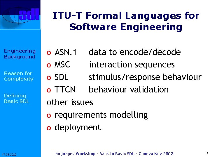 ITU-T Formal Languages for Software Engineering Background Reason for Complexity Defining Basic SDL 17.