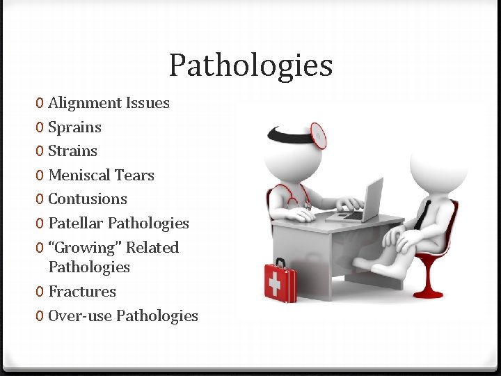 Pathologies 0 Alignment Issues 0 Sprains 0 Strains 0 Meniscal Tears 0 Contusions 0