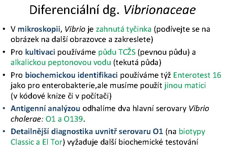 Diferenciální dg. Vibrionaceae • V mikroskopii, Vibrio je zahnutá tyčinka (podívejte se na obrázek