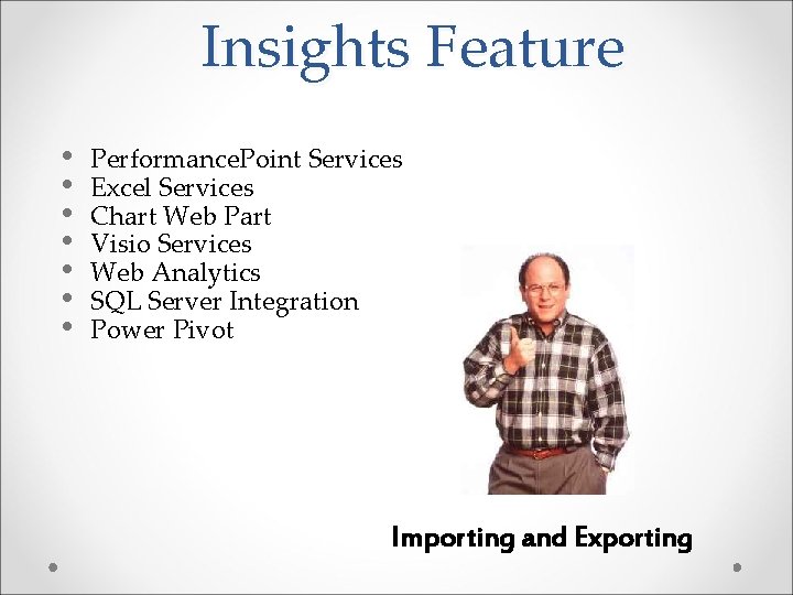 Insights Feature • • Performance. Point Services Excel Services Chart Web Part Visio Services