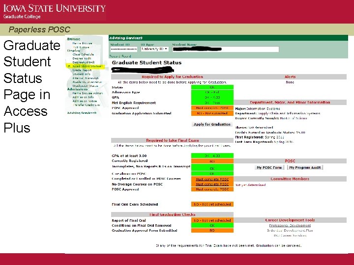 Paperless POSC Graduate Student Status Page in Access Plus 