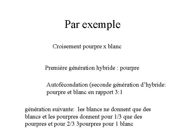 Par exemple Croisement pourpre x blanc Première génération hybride : pourpre Autofécondation (seconde génération