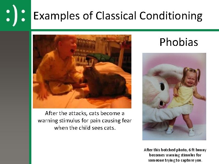 Examples of Classical Conditioning Phobias After the attacks, cats become a warning stimulus for