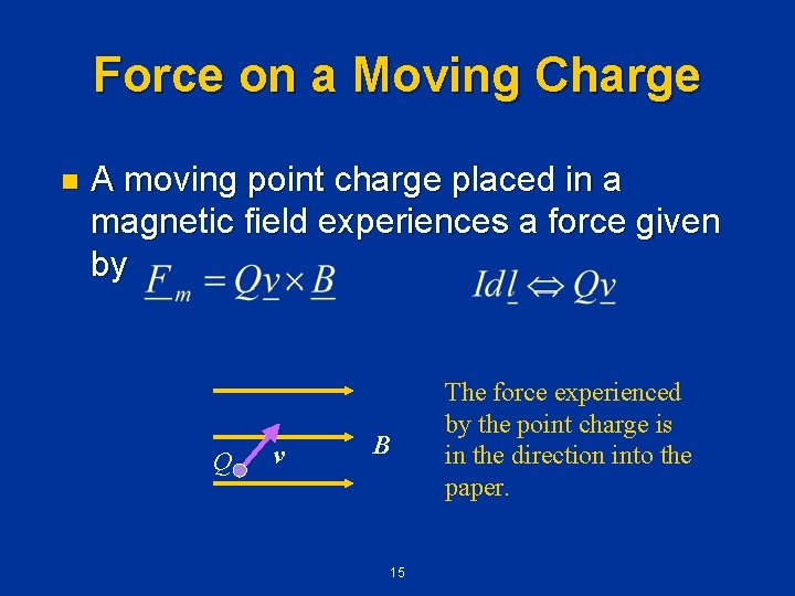 Force on a Moving Charge n A moving point charge placed in a magnetic